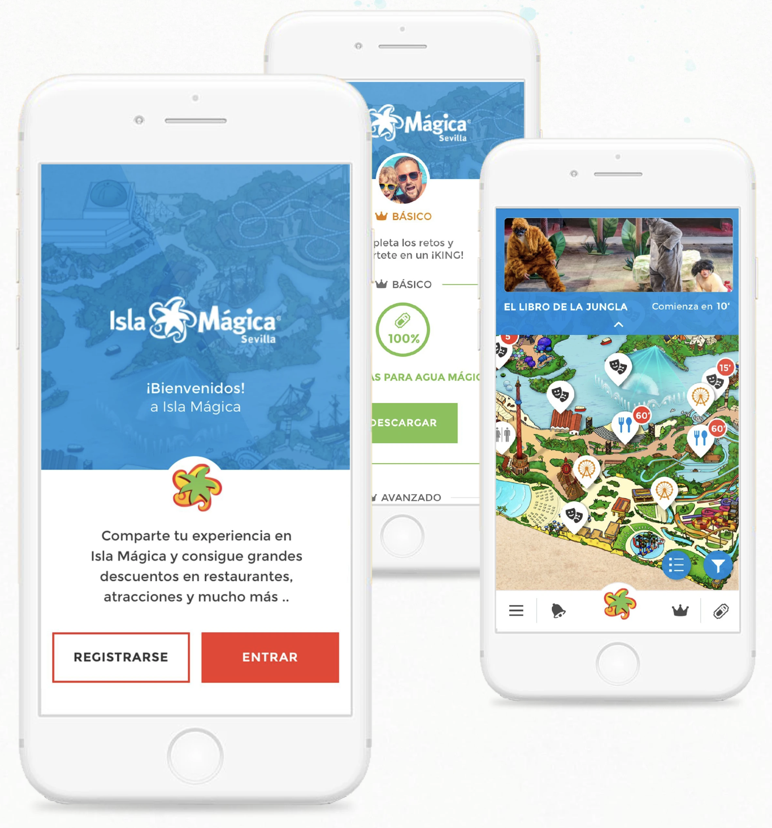 Isla Mágica mobile app welcome, profile and interactive map screens